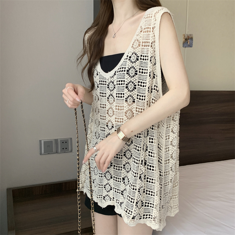 Summer new style literary retro hollow knitted vest women's loose pullover sleeveless blouse vest summer outer suspender belt