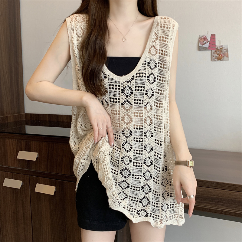 Summer new style literary retro hollow knitted vest women's loose pullover sleeveless blouse vest summer outer suspender belt