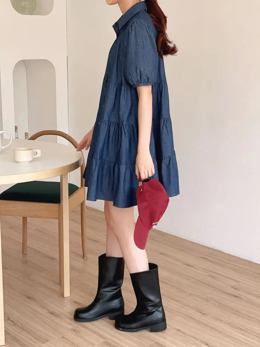 퍼프소매 단추 디테일 티어드 데님 원피스 상세 이미지 2