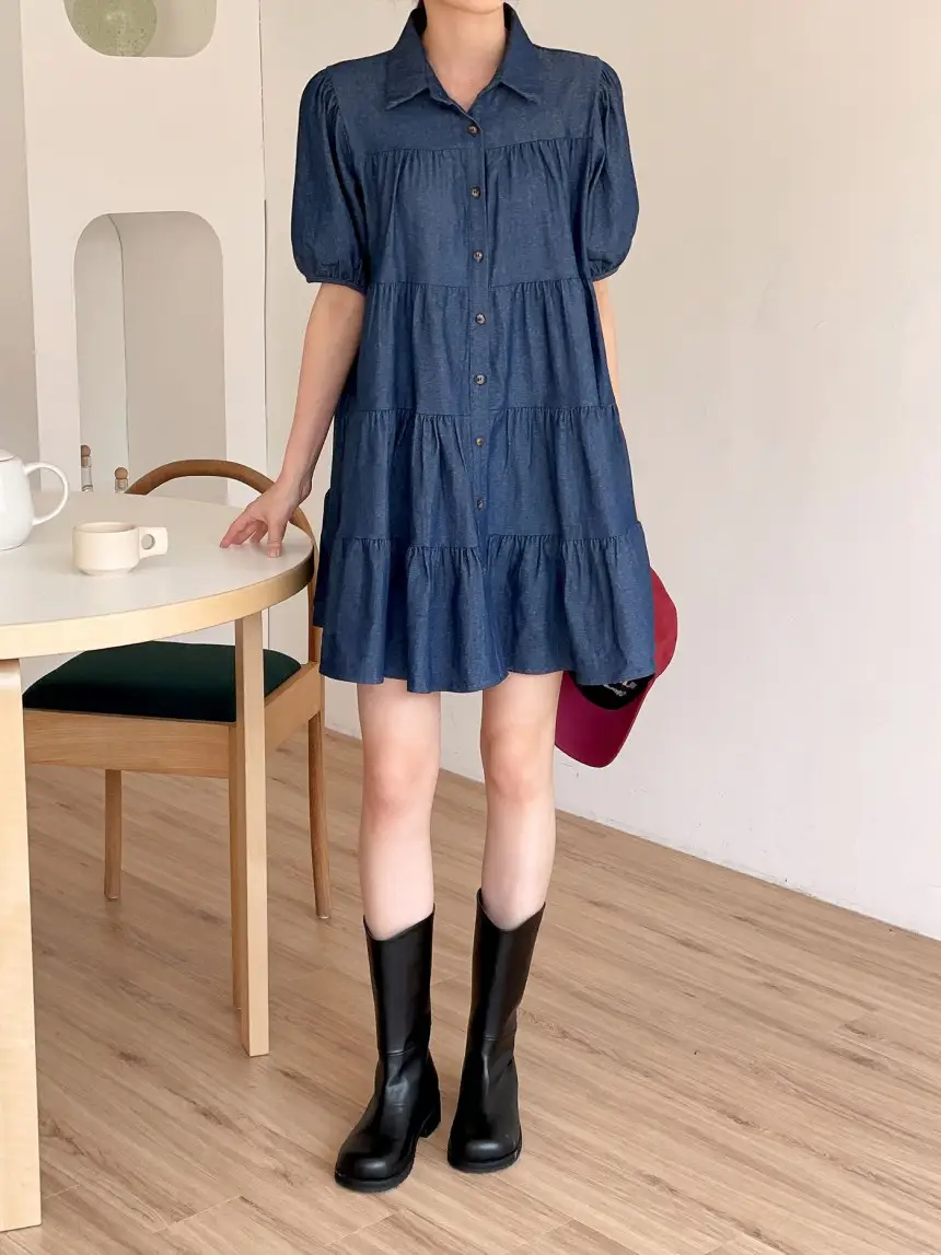 퍼프소매 단추 디테일 티어드 데님 원피스 상세 이미지 3