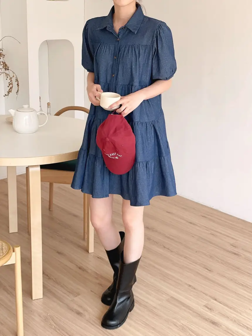 퍼프소매 단추 디테일 티어드 데님 원피스 상세 이미지 4