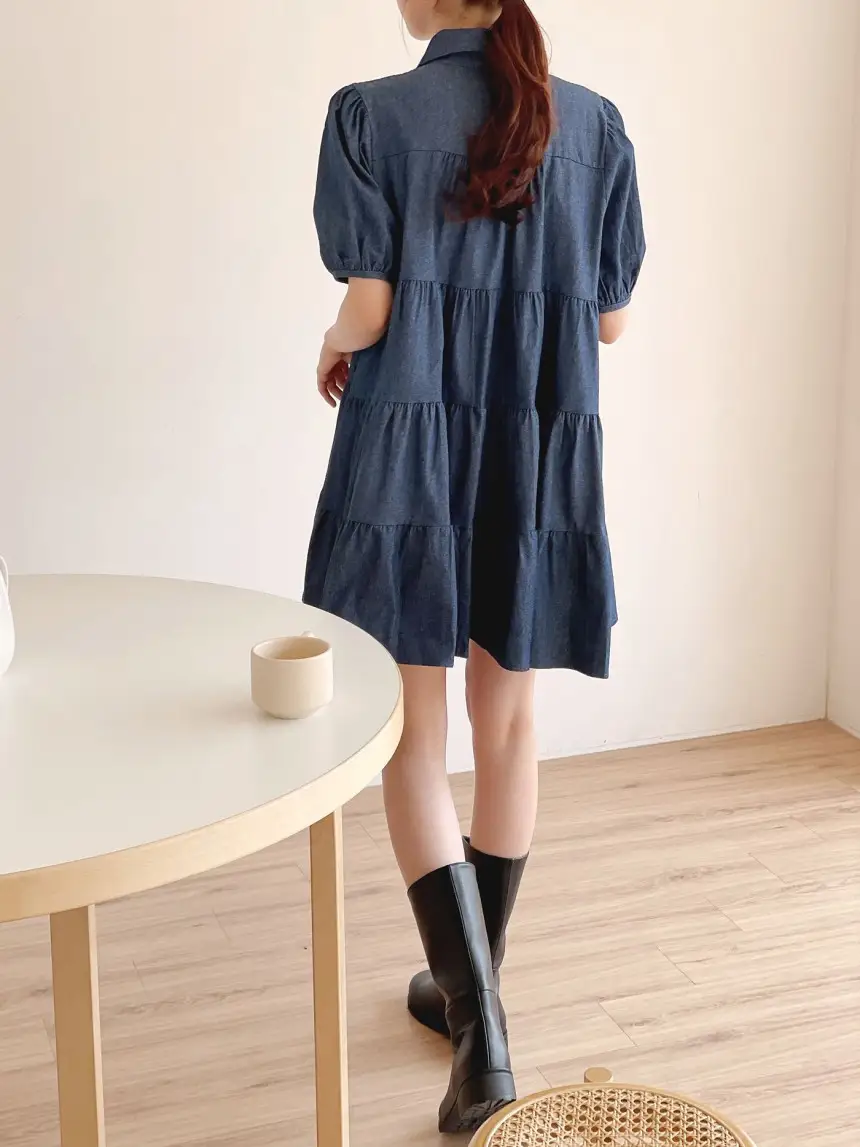 퍼프소매 단추 디테일 티어드 데님 원피스 상세 이미지 5