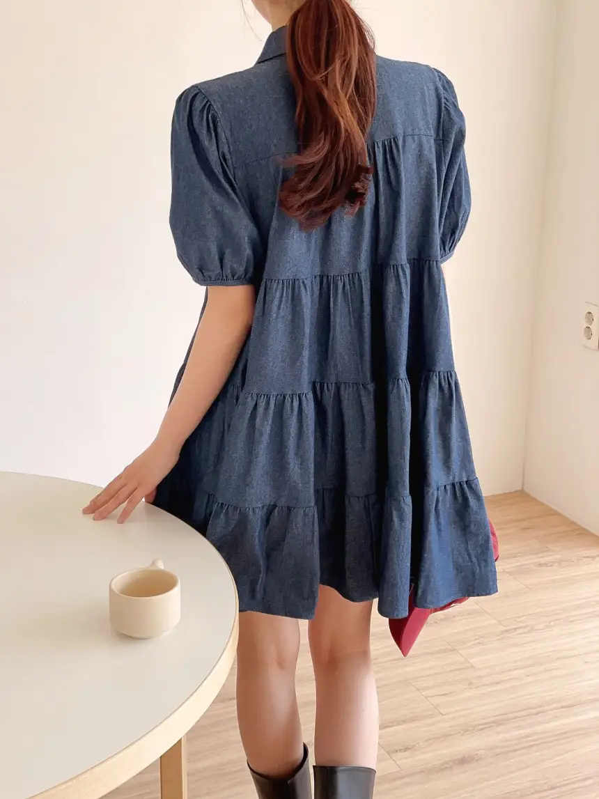 퍼프소매 단추 디테일 티어드 데님 원피스 상세 이미지 9
