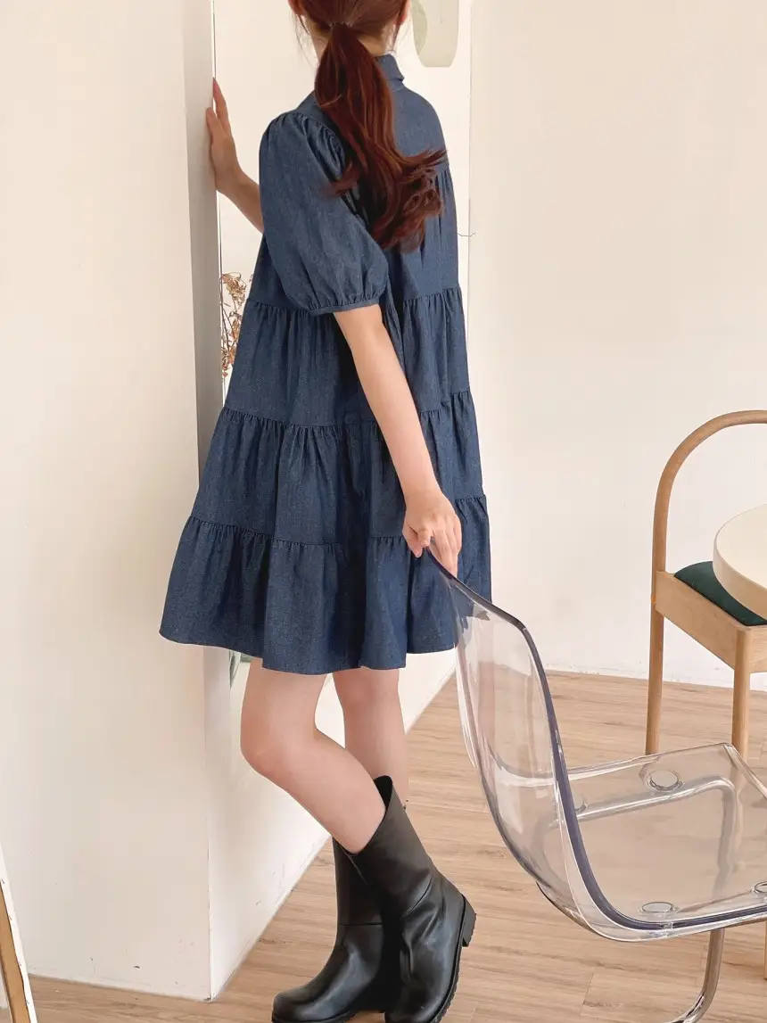퍼프소매 단추 디테일 티어드 데님 원피스 상세 이미지 15