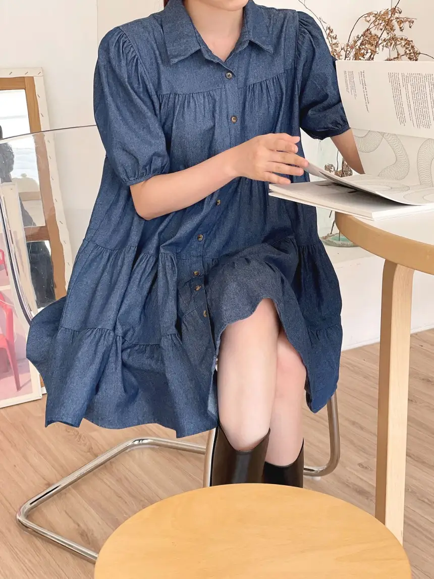 퍼프소매 단추 디테일 티어드 데님 원피스 상세 이미지 18