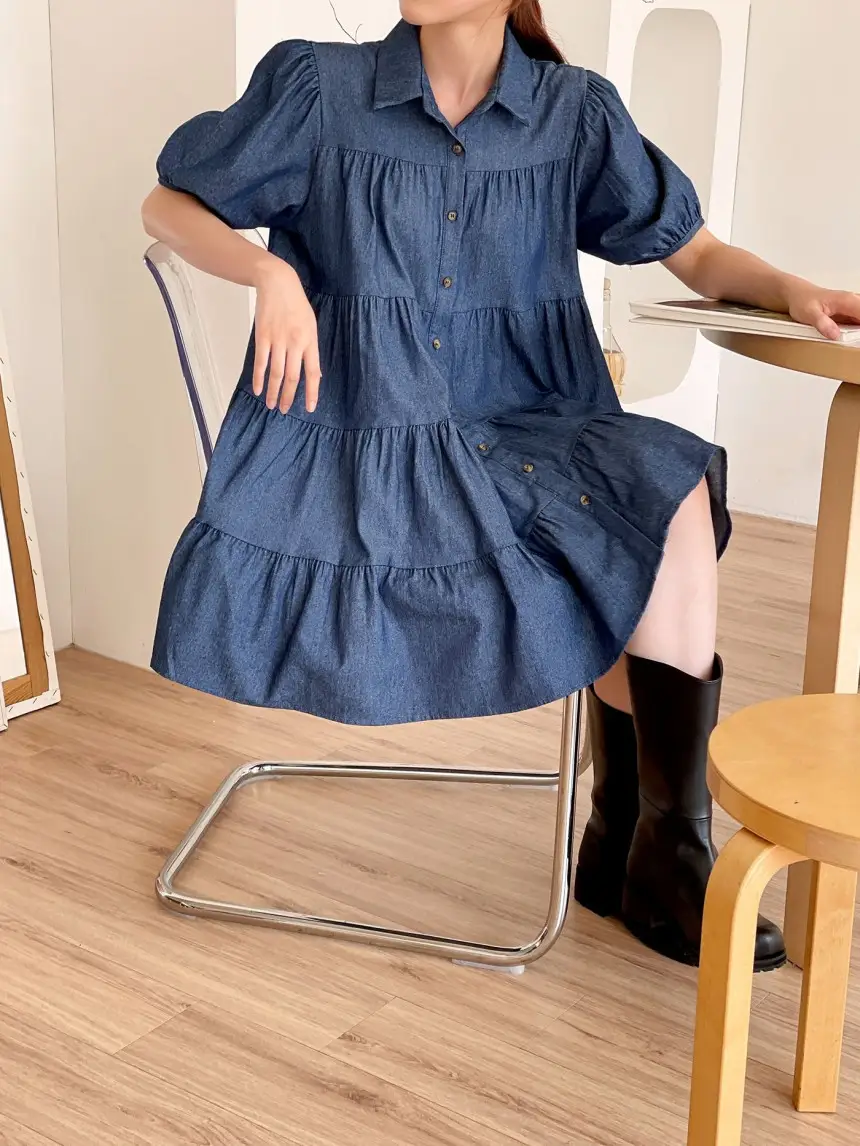 퍼프소매 단추 디테일 티어드 데님 원피스 상세 이미지 19