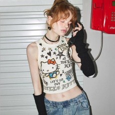 批发日系软妹新款HelloKitty背心吊带女春夏街头辣妹满印短款露脐上衣