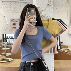 批发<b class='q'>外贸</b>原版新款夏季短款t恤女纯色高腰修身显瘦辣妹百搭短袖方领