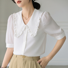 批发实拍现货~法式木耳边<b class='q'>职业</b>短袖<b class='q'>衬衫</b>2025夏季新款肌理感高级雪纺衫