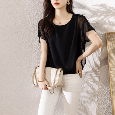 批发限价+12  2025纯色圆领<b class='q'>蝙蝠衫</b>收腰夏季显瘦假两件<b class='q'>雪纺</b><b class='q'>上衣</b>