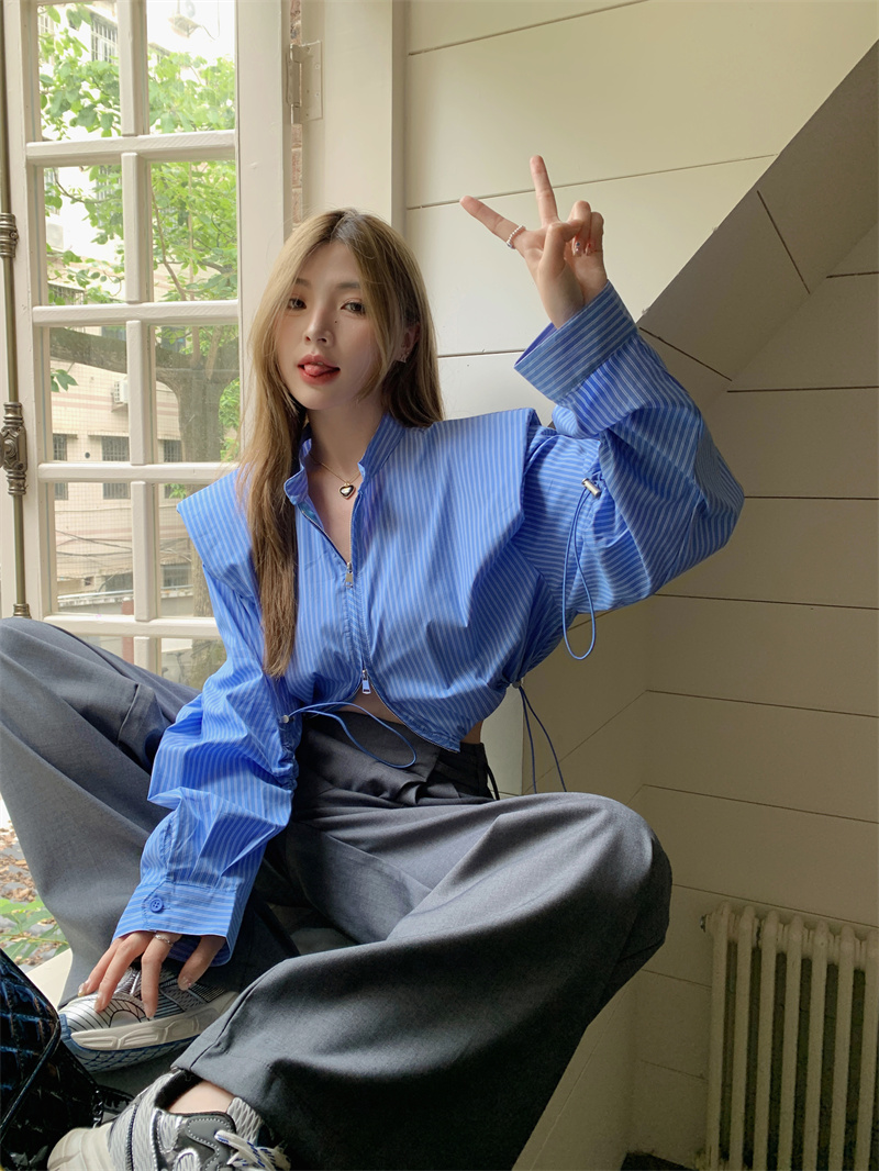 실사 재고 있음 한 부서 품격 주름 부서 버클 루즈핏 맨위 달콤함 스탠드 칼라 허리 수축 펌프 로프 단색 셔츠