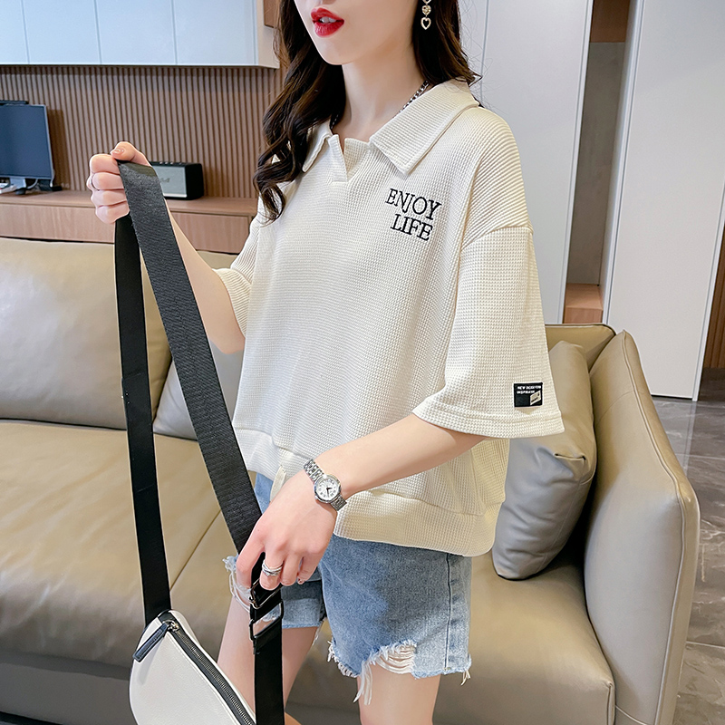 MY1820# 仿棉华夫格夏季刺绣插色设计POLO领短袖T恤女女裝貨源服裝批發