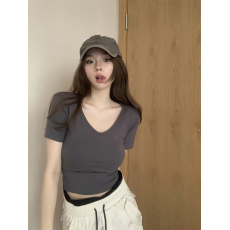 批发实拍实价 港风小性感V领弹力修身<b class='q'>短款</b>垫肩短袖T恤女上衣