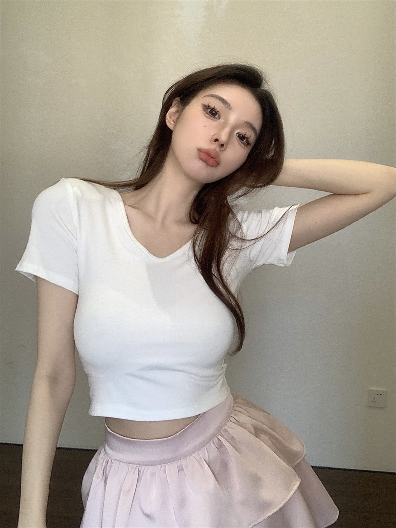 Real shot Hong Kong style small sexy V-neck elastic slim short shoulder pad short-sleeved T-shirt women's top