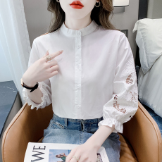 批发<b class='q'>中袖</b>雪纺衬衫女夏装2025年春秋新款欧货洋气小衫镂空衬衣立领上衣
