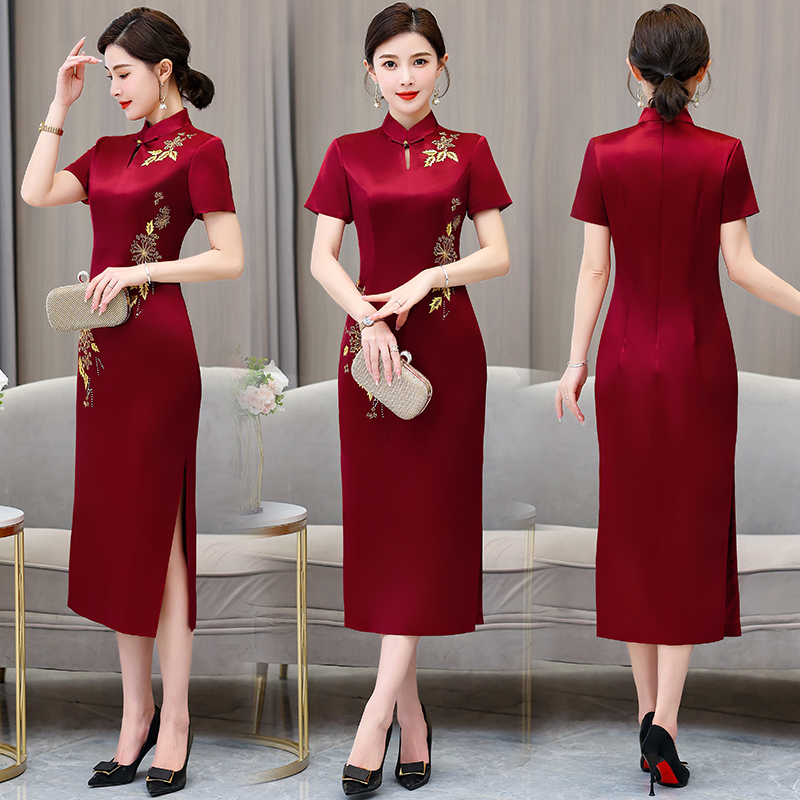 MY70246# 醋酸缎刺绣旗袍裙喜妈妈婚宴礼服喜婆婆连衣裙酒红色时尚年轻...