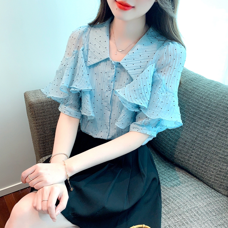 RY1084# 雪纺短袖衬衫女夏2026新款法式波点上衣设计感小众翻领荷叶袖衬衣