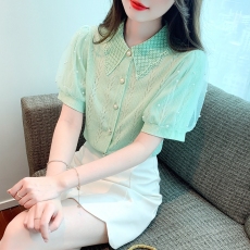 批发网纱雪纺衬衣女夏季2026新款时尚甜美<b class='q'>娃娃领</b>镂空泡泡短袖蕾丝上衣