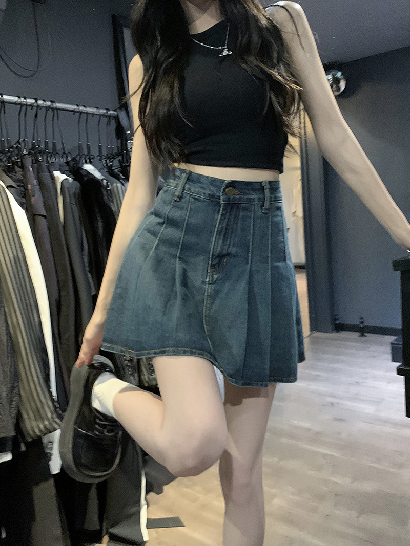 PF30004# 大码微胖高腰显瘦牛仔半身裙女水洗百搭a字百褶短裙女裝貨源服裝批發