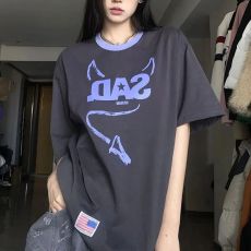 批发21支210g精梳纯棉 <b class='q'>男</b>女情侣款印花立体装饰短袖T恤休闲设计感上衣