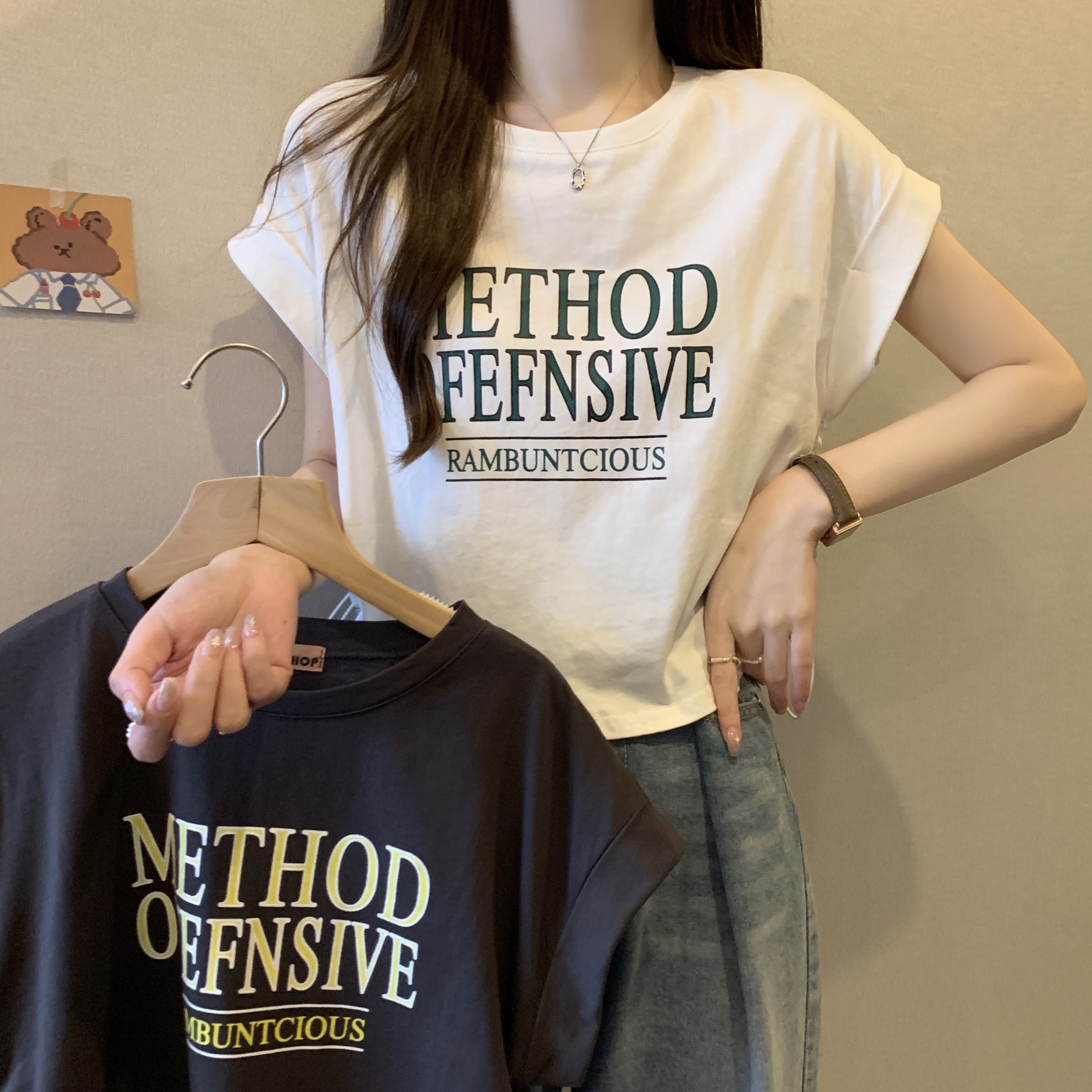 Real shot ~ Large size American letter printed short-sleeved T-shirt for women in summer, versatile drawstring design, niche short top