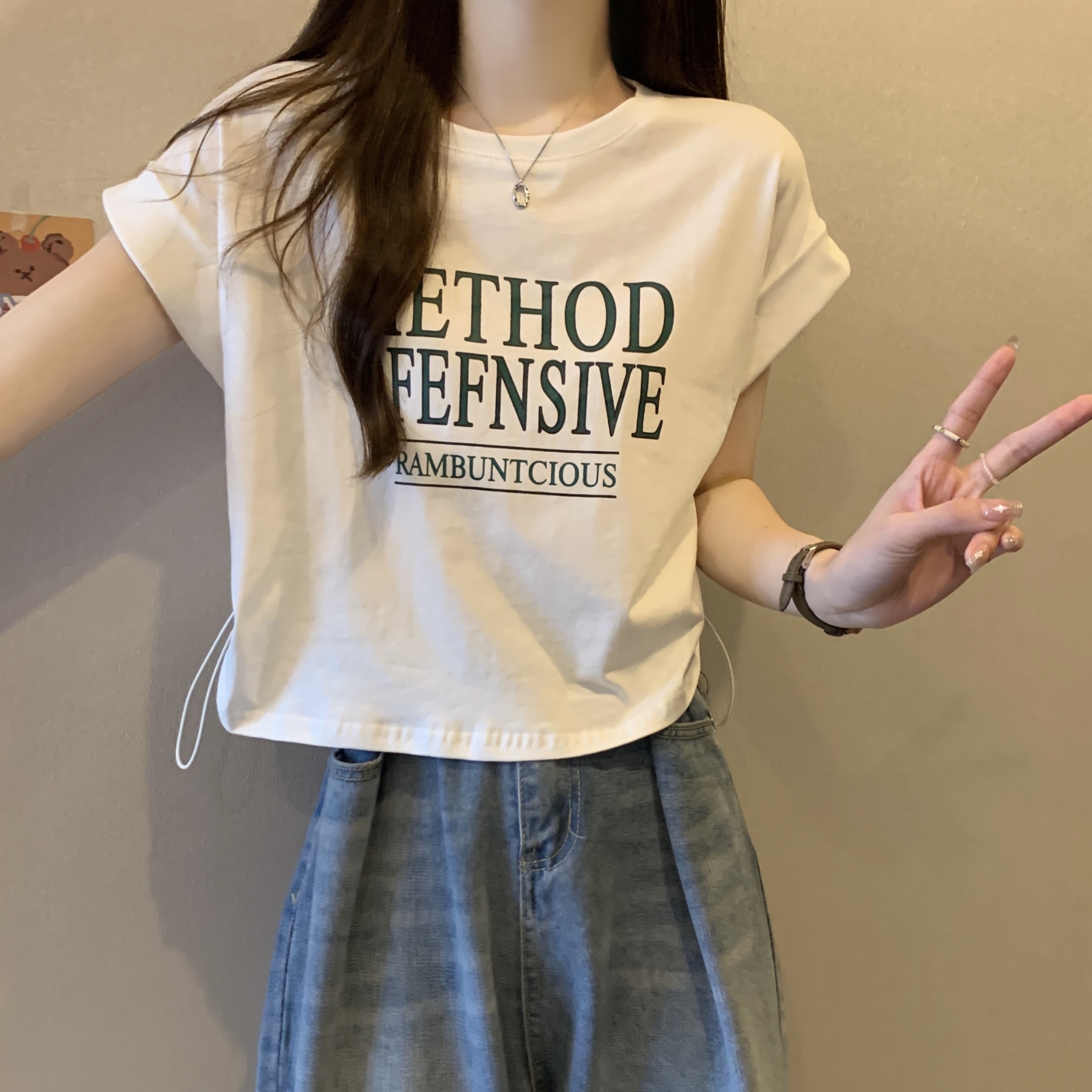 Real shot ~ Large size American letter printed short-sleeved T-shirt for women in summer, versatile drawstring design, niche short top