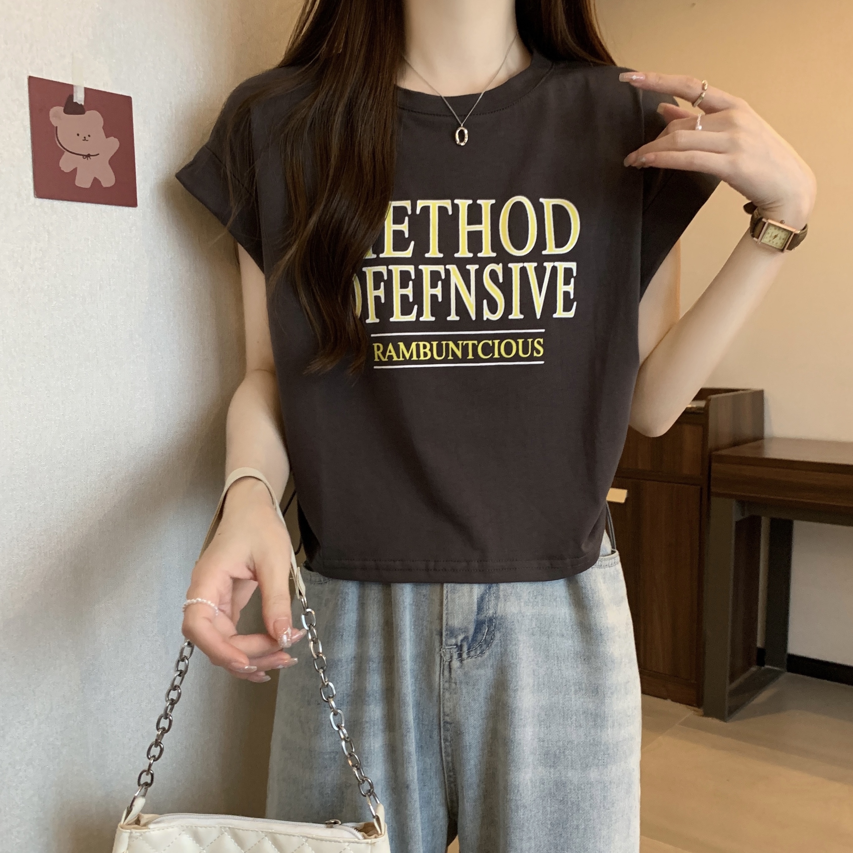 Real shot ~ Large size American letter printed short-sleeved T-shirt for women in summer, versatile drawstring design, niche short top