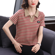 批发春季polo领短袖t恤女2026新款中老年<b class='q'>妈妈</b>条纹纯棉大码休闲上<b class='q'>衣服</b>
