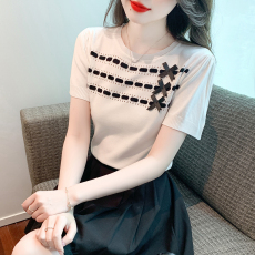 2023夏季新款甜美蝴蝶结圆领冰丝薄款针织衫时尚减龄短袖T恤上衣