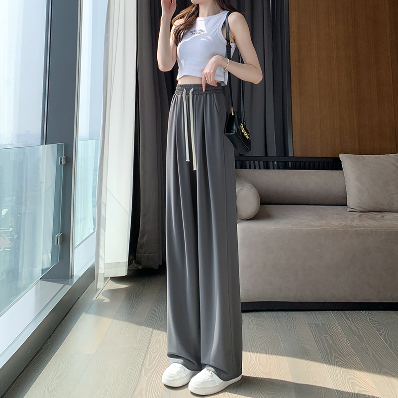 Cupro Narrow Wide Leg Pants Women's Spring, Autumn and Summer Thin High Waist Drape Gray Tall Straight Ice Silk Pants