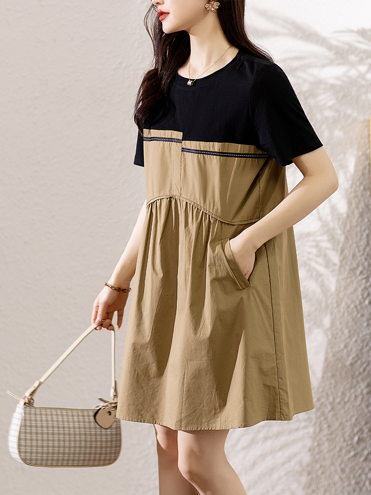 MY1435#夏季拼接收腰拼接短袖显瘦连衣裙宽松女装女裝貨源服裝批發