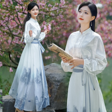 新中式国风复古写意山水一片式系带改良马面裙汉元素汉服淑女套装