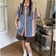 批发韩系复古休闲设计感条纹<b class='q'>衬衫</b>短袖女2026夏季新款宽松百搭翻领上衣