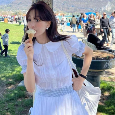 批发尺寸已更新  <b class='q'>娃娃</b>领泡泡袖短款衬衫+木耳边半身<b class='q'>裙</b> 套装