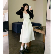 批发实拍~大码胖mm法式白色收腰吊带连衣裙新款显瘦针织开衫上衣套装