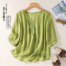 批发<b class='q'>实拍</b>2026夏季新款复古刺绣棉麻<b class='q'>衬衫</b>女宽松显瘦<b class='q'>衬衣</b>V领纯色短袖<b class='q'>T</b><b class='q'>恤</b>