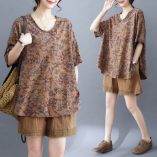批发实拍夏<b class='q'>装</b>复古炒色印花上衣V领短袖衫<b class='q'>气质</b>花色套头T恤女遮肚女
