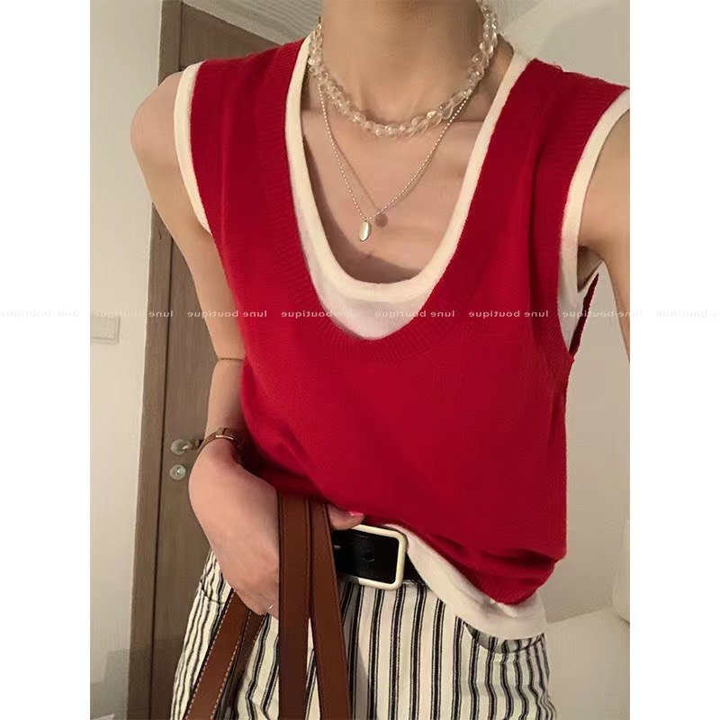 Red fake two-piece u-neck camisole for women, summer inner wear, beautiful back design, niche outer wear short top