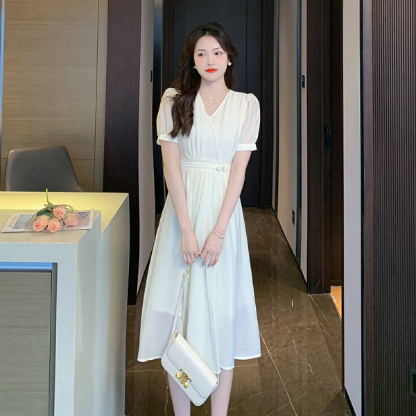 RM11870#夏季新款新中式国风盘扣短袖V领A字连衣裙简约小清新旅拍裙