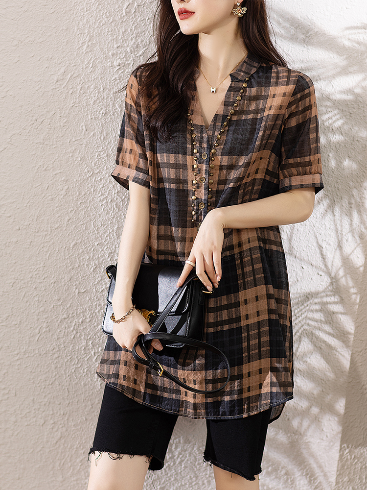 MY1445#时尚格子衬衫女2025年夏季新款上衣休闲中长款女裝貨源服裝批發