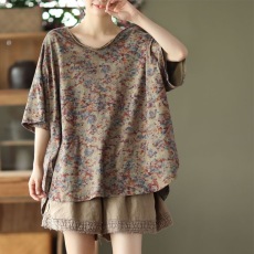 批发夏季复古炒色印花上衣V领不规则摆短袖衫<b class='q'>气质</b>花色套头遮肚T恤