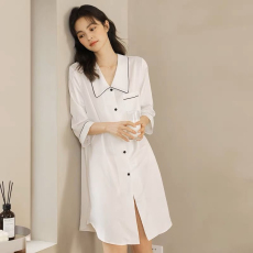 批发时尚新款热门夏季女士衬衫领短睡裙仿真丝七分袖家居服冰丝裙套装