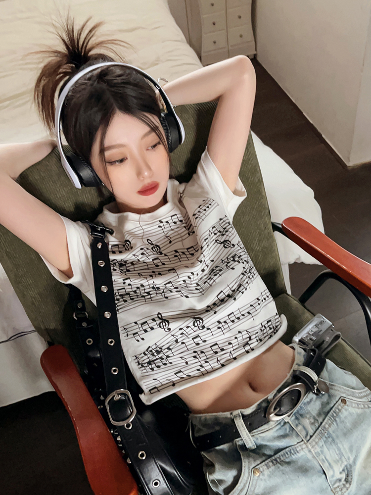 실사 정가 아메리칸 레트로 참고 프린트 긍정적 인 어깨 쇼트 스타일 반팔 티셔츠 여성 트렌디 ins 맨위