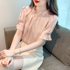 批发实拍短袖<b class='q'>雪纺衫</b>夏季新款木耳边拼接褶皱钉珠上衣时尚洋气百搭小衫