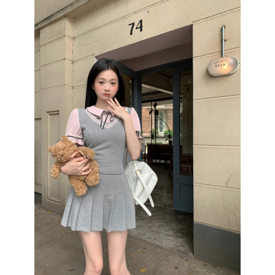 实拍实价 假两件短袖衬衫上衣女+高腰显瘦百褶短裙两件套装