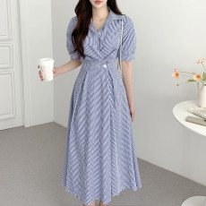 批发尺寸已更新 韩国chic 法式气质收腰显瘦大<b class='q'>裙</b>摆条纹连衣<b class='q'>裙</b>