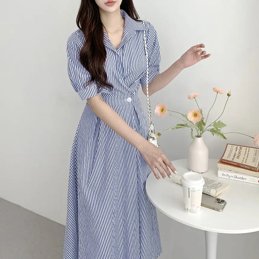 스트라이프 퍼프소매 허리라인 원피스 상세 이미지 3