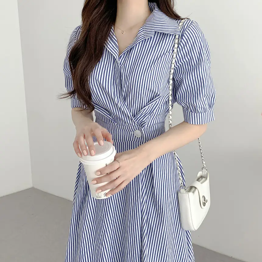 스트라이프 퍼프소매 허리라인 원피스 상세 이미지 5