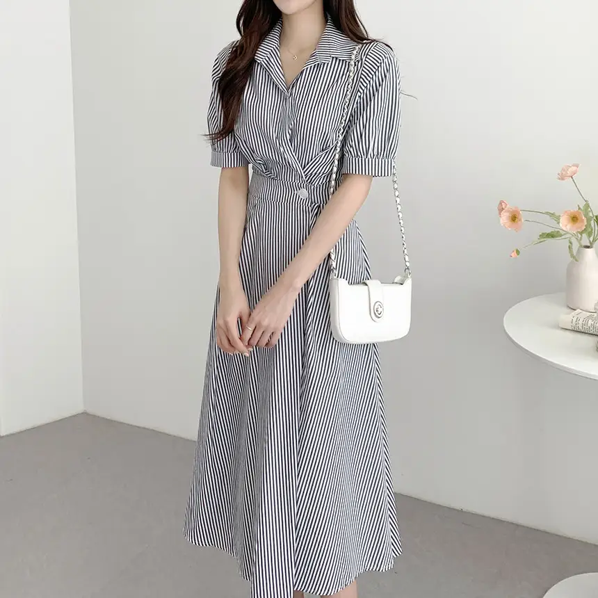 스트라이프 퍼프소매 허리라인 원피스 상세 이미지 10