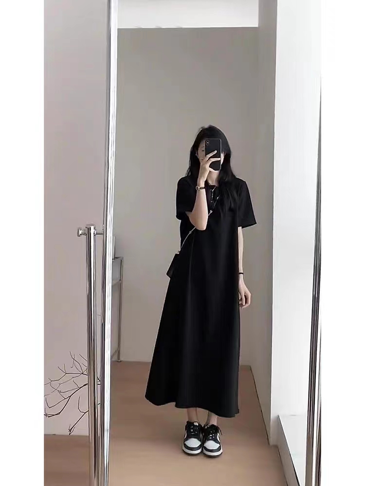 Two kinds of fabrics, long knee-length T-shirt dress for women, summer loose dress, pure cotton with back collar